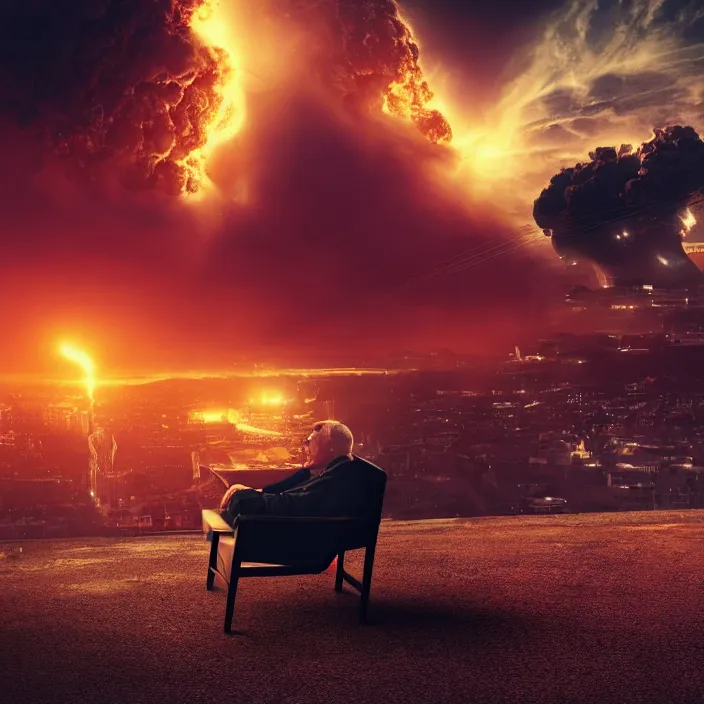 Image similar to cinematic movie, background blur bokeh, old man sitting in chair with black cat watching nuke explosion, world ending nuke, 4 k