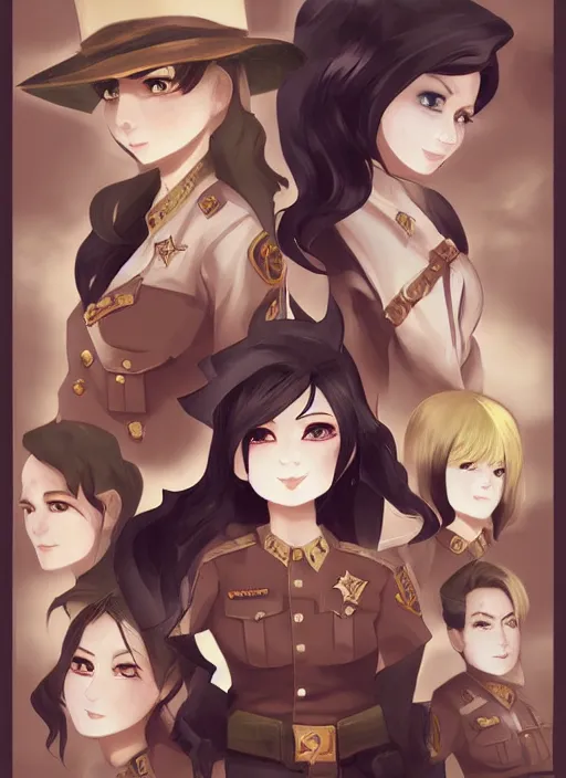 Image similar to full size persona, female sheriff, detailed faces, blank faces, style by huyy nguyen, art by huyy nguyen, demon slayer rui fanart