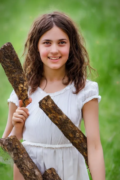 Prompt: a middle-school girl with unkempt wavy short brown hair wearing a white dress and holding a bundle of firewood, high resolution film still, 8k, HDR color, short hair, round face, dimples, beautiful gazing eyes