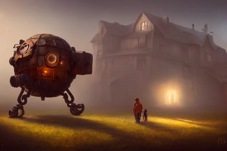 Image similar to a walking magic house with two mechanical legs, rust, hyperrealistic, highly detailed, cinematic, single ray of sun, fog, beautiful, cgssociety, artstation, 8 k, oil painting