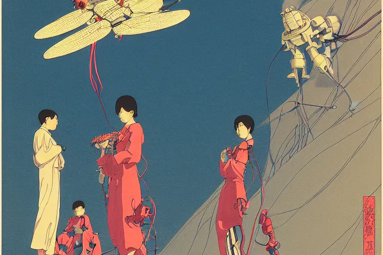 Image similar to gigantic dragonflies with human faces catch tiny robots, a lot of exotic mechas robots around, human heads everywhere, risograph by kawase hasui, dirtyrobot, edward hopper, satoshi kon and moebius, colorful flat surreal design, super - detailed, a lot of tiny details, fullshot