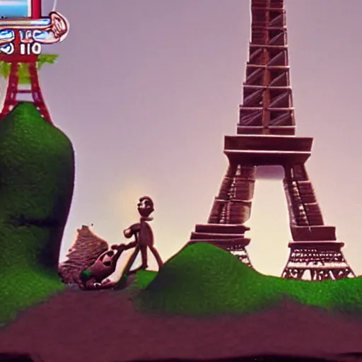 Prompt: Screenshot of Eiffel tower in the game The Neverhood (1996), claymation, 8k, high quality