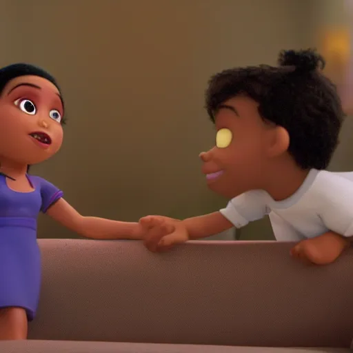 Image similar to a cinematic film still from a 2001 Pixar movie about a lightskin boy and latina hirl falling in love and having a child together, in the style of Pixar, shallow depth of focus