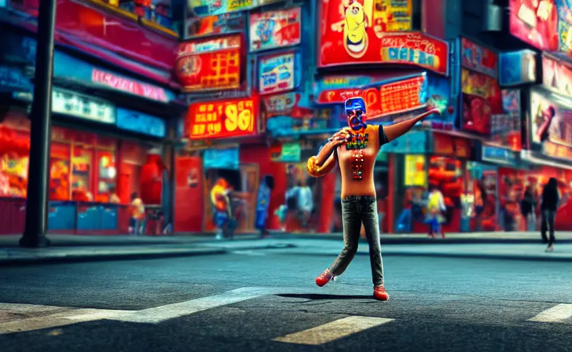 Image similar to hot dog man dancing on a street corner, cyberpunk, detailed, 4 k