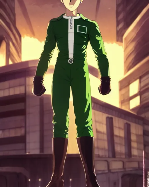 Image similar to luigi as one punch man in a suit, ernest khalimov body by krista sudmalis, fantasy character portrait, ultra realistic, futuristic background by laurie greasley, concept art, intricate details, highly detailed by greg rutkowski, ilya kuvshinov, gaston bussiere, craig mullins, simon bisley