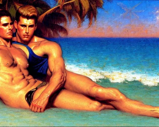 Prompt: top gun beach volleyball scene, cool colors, painting by gaston bussiere, craig mullins, j. c. leyendecker, tom of finland