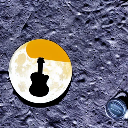 Image similar to a photo of a detailed, realistic, idle, regular sized electric guitar next to a beer can on the moon. detailed photo. realistic photo