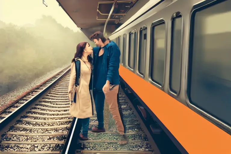 Prompt: vfx movie couple in a train station flat color profile cinematography