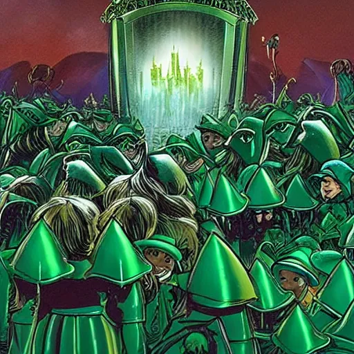 Image similar to emerald city from the wizard of oz being stormed by trump supporting munchkins,