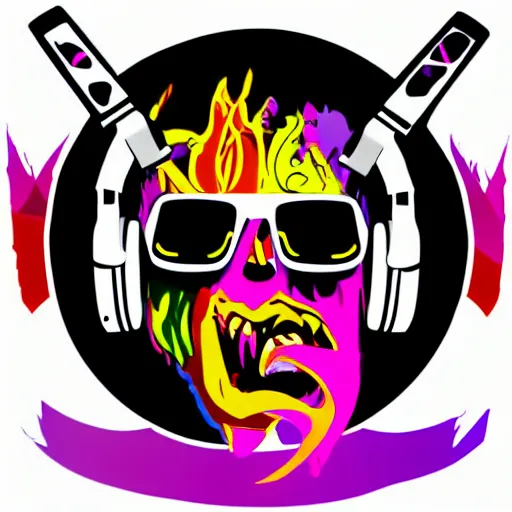 Image similar to svg vector sticker of, demon painting, rocking out, wearing headphones, huge speakers, dancing, rave, DJ, spinning records, digital art, amazing composition, rule-of-thirds, award-winning, trending on artstation, featured on deviantart