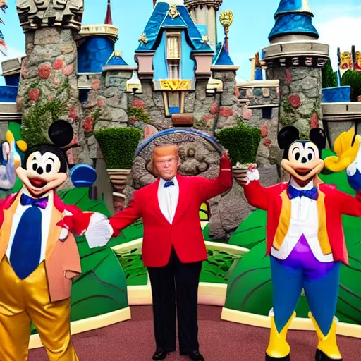 Prompt: three puppets inside the its a small world ride at disneyland that look like donald trump and greg abbott and ron desantis, highly detailed, high definition, ultra realistic