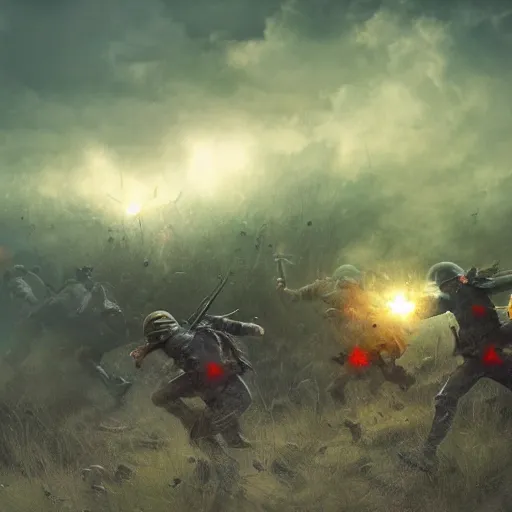 Image similar to bloody war scene, explosions, soldiers running, fog, sun beams, no text, painting style