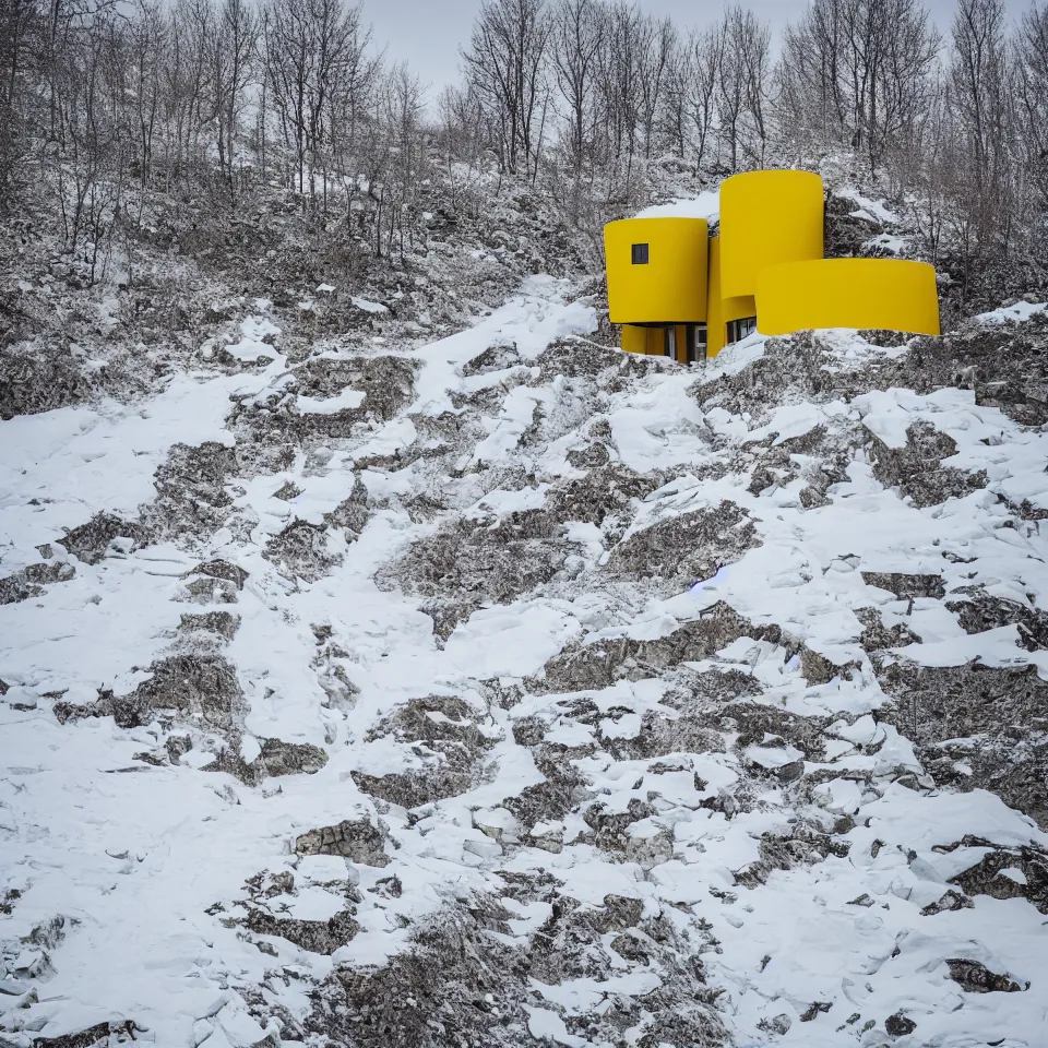 Image similar to a road leading to a mid-century modern house on top of a cliff in the arctic, covered with snow, designed by Frank Gehry, with a long pathway toward it. Big tiles. Film grain, cinematic, yellow hue