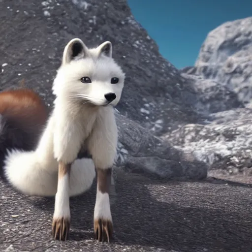 Image similar to Playstation 4 screenshot depicting an anthropomorphic arctic fox furry up as a character in Final Fantasy, octane render