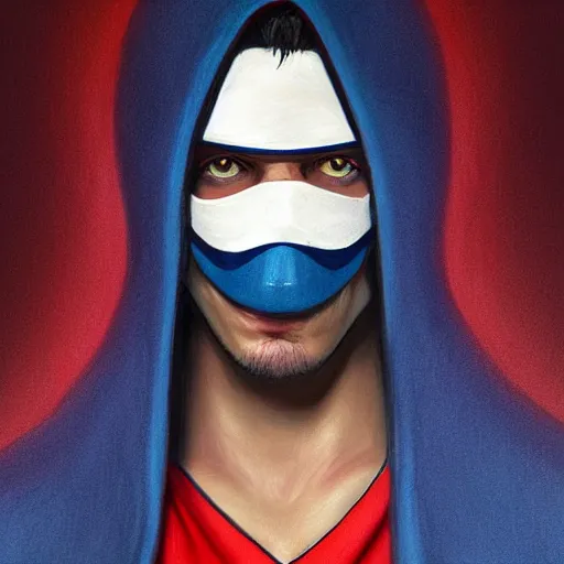 Image similar to ultra realistic illustration, man with black hair with a black mask, in a hood in the form of a blue shark with white teeth, red and blue eyes, mysterious, poker man, highly detailed, digital painting, artstation, concept art, smooth, sharp focus, illustration, art by artgerm and greg rutkowski and alphonse mucha