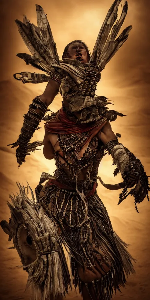 Image similar to fight portrait ancient shaman tribeswoman in battlerage, destroyed armor inspired by monster hunter, low shot, muscular body, symmetrical face, clean face, subtle make up, destruction around her, frozen time,dramatic lighting, cinematic, establishing shot, extremely high detail, photorealistic, 300 the movie,monster hunter the movie, dune the movie, cinematic lighting, artstation, octane render, western,old photo, vintage