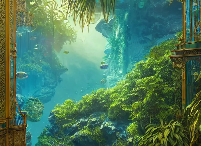 Prompt: lush foliage in art nouveau favela, underwater environment, borealis, scenery, professional, award - winning, trending on artstation, hyper detailed, realistic, beautiful, emotional, shiny, golden, picture