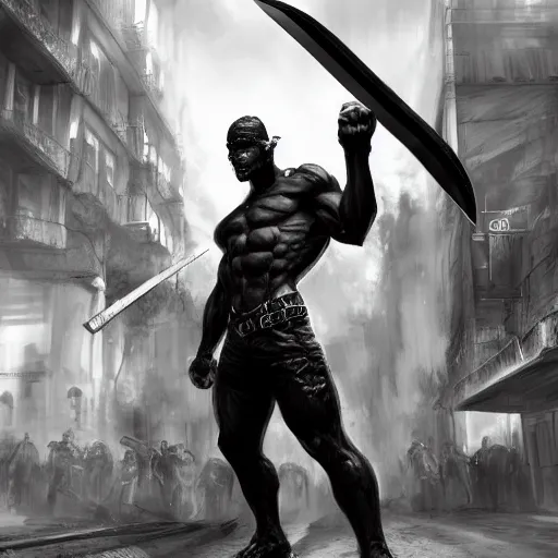 Image similar to black and white muscular demon man holding bayonet knife exploring urban environment, concept art trending on art station 4k award-winning unreal engine