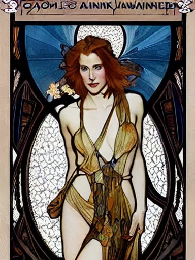 Prompt: a beautiful painting of young gillian anderson by Alphonse Mucha and by arthur rackham and by james jean and by Mark Brooks and by john william waterhouse, Art Nouveau, Neo-Gothic, gothic, award winning painting, hyperdetailed, detailed