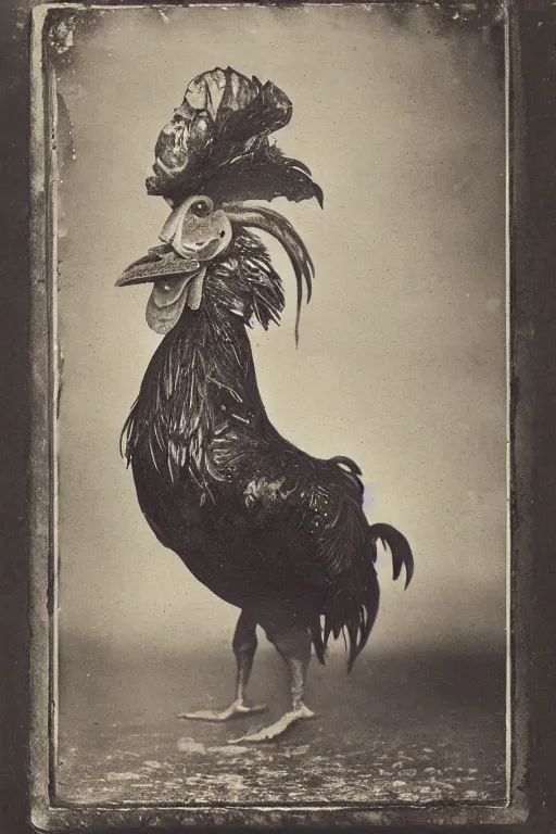 Prompt: a wet plate photo of an anthropomorphic rooster with a lute