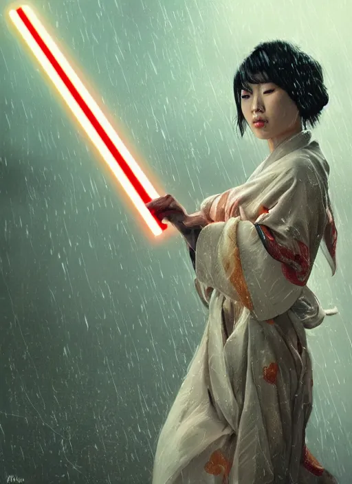 Image similar to a Photorealistic dramatic hyperrealistic render of an an Asian woman dressed in a kimono wielding two lightsabers, in the rain dramatic lighting, by WLOP,Artgerm,Greg Rutkowski,Alphonse Mucha, Beautiful dynamic dramatic dark moody lighting,shadows,cinematic atmosphere,Artstation,concept design art,Octane render,8K