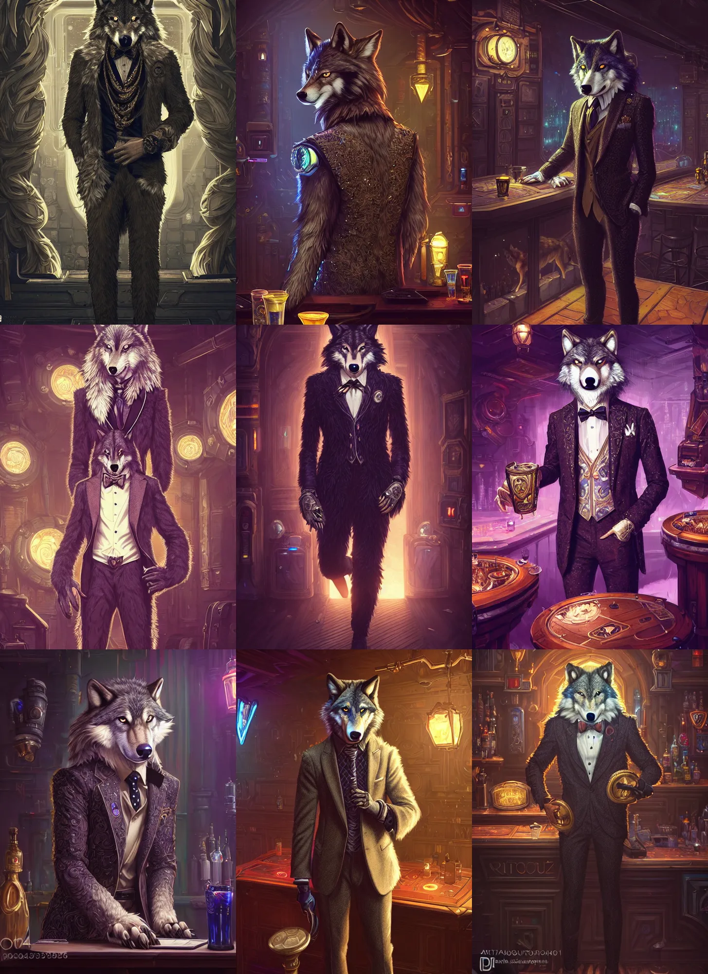 Prompt: photograph of a male anthropomorphic wolf fursona wearing a ritzy suit at a cyberpunk bar, deep focus, intricate, elegant, highly detailed, digital painting, artstation, concept art, matte, sharp focus, illustration, d & d, fantasy, hearthstone, art by artgerm and greg rutkowski and alphonse mucha