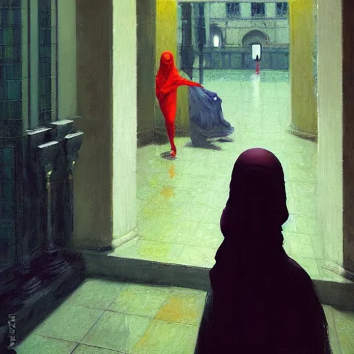 Image similar to action moment, detailed face! of a woman, courtyard, capital, cyberpunk mosque interior, control panel, watcher, omniscient, tech noir, wet reflections, impressionism, atmospheric, ambient, speed painting, livia prima, edward hopper