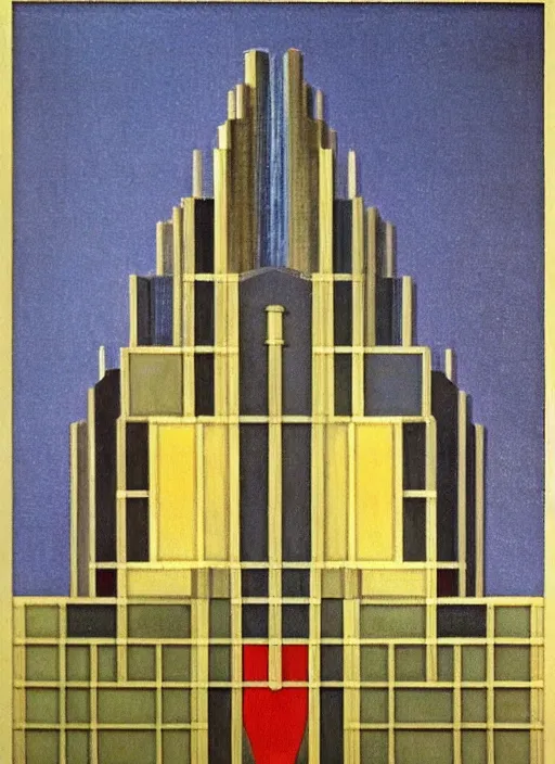 Image similar to isometric artdeco cathedral by frank lloyd wright painted by piet mondrian