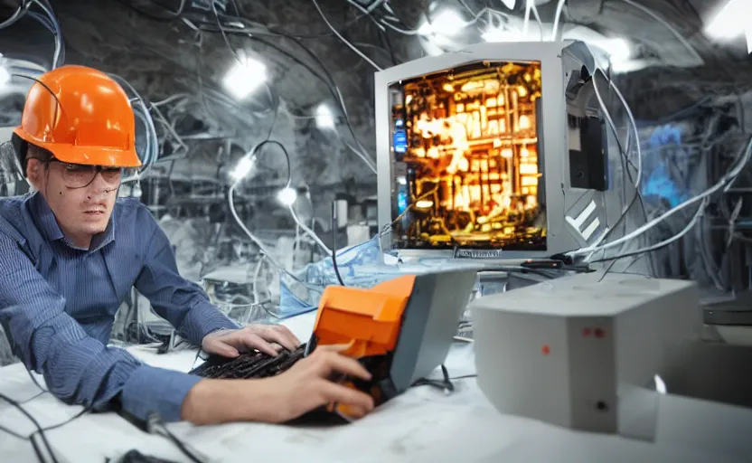 Prompt: human man person, toiling away in agony in the laser mines to power computer 24 hours a day, 4k, bandolier