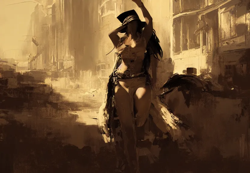 Prompt: painting of the figure of a woman in a wild west scenery, high contrast, concept art, city, dramatic lighting, digital art, 8 k, extremely detailed, drawn by ruan jia