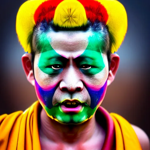 Prompt: photorealistic portrait photograph of a crazy buddhist monk with painted face as in peking opera and rastafarian rainbor color hair with spikes and rings in pierced face ears and nose like punks