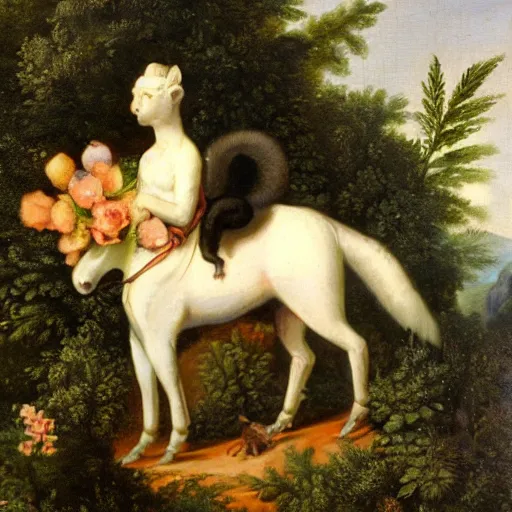 Image similar to a giant squirrel carrying napoleon bonaparte on its back, beach scene with flowers and foliage, detailed oil painting