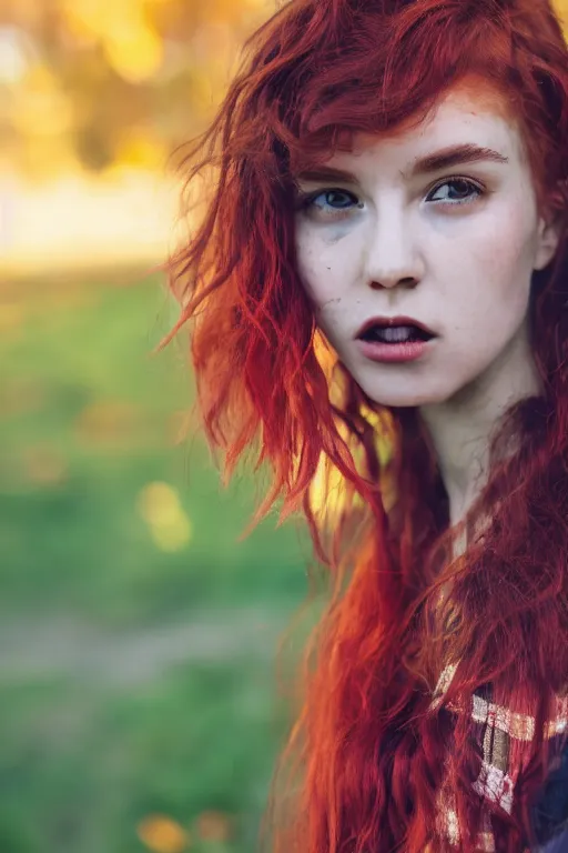 Prompt: a cinematic headshot portrait of a young woman with messy vibrant red hair, street - wear outfit, grassy autumn park outdoor, ultra realistic, depth, beautiful lighting