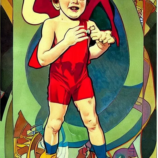 Image similar to a cute little boy with a mischievous face and short ginger hair. he is dressed as a superhero. well composed, clean elegant painting, beautiful detailed face. painting by steve ditko and jack kirby and ( alphonse mucha )