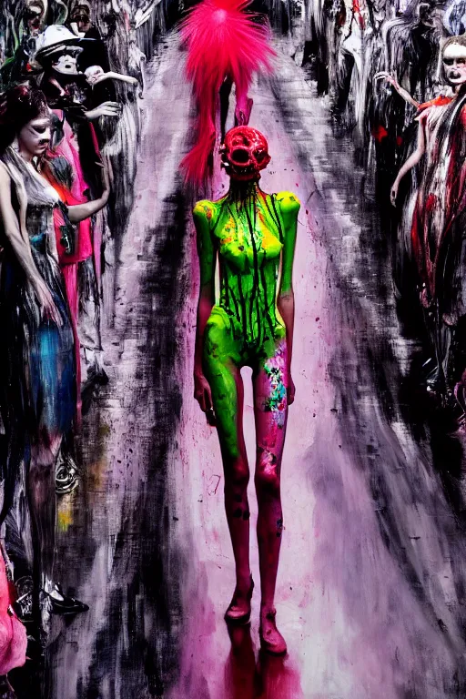 Image similar to crazy fashion catwalk, one model, crazy clothes, biopunk style, horror, clothes look like slime, hauntingly surreal, highly detailed painting by francis bacon, edward hopper, adrian ghenie, gerhard richter, and james jean soft light 4 k,