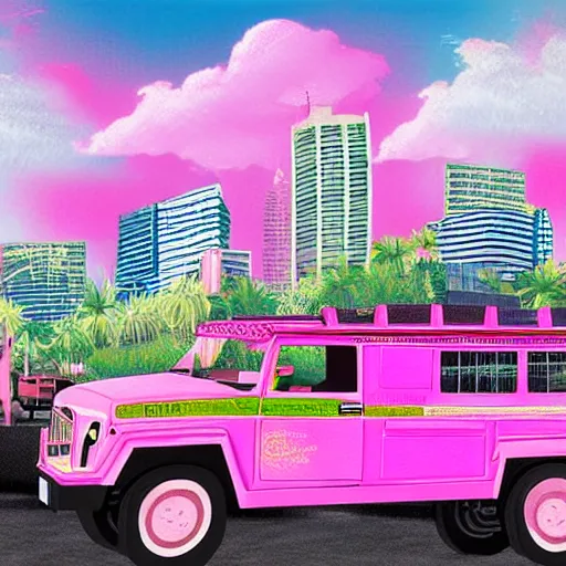 Image similar to a fleet of flying pink philippine jeepney above the skyline, digital art