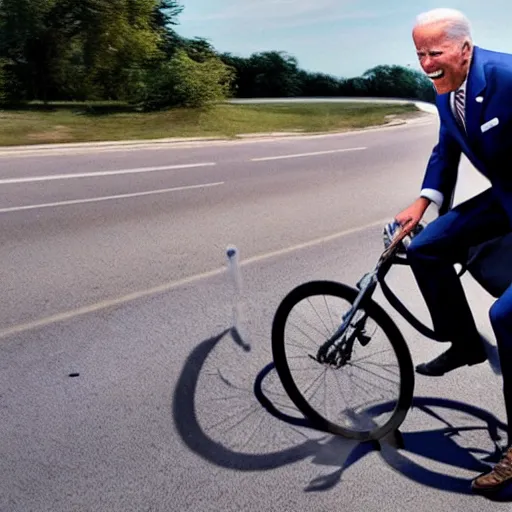 Image similar to ultra realistic photo of joe biden falling off of his bike, film, perfect face, in the style of a candid photo