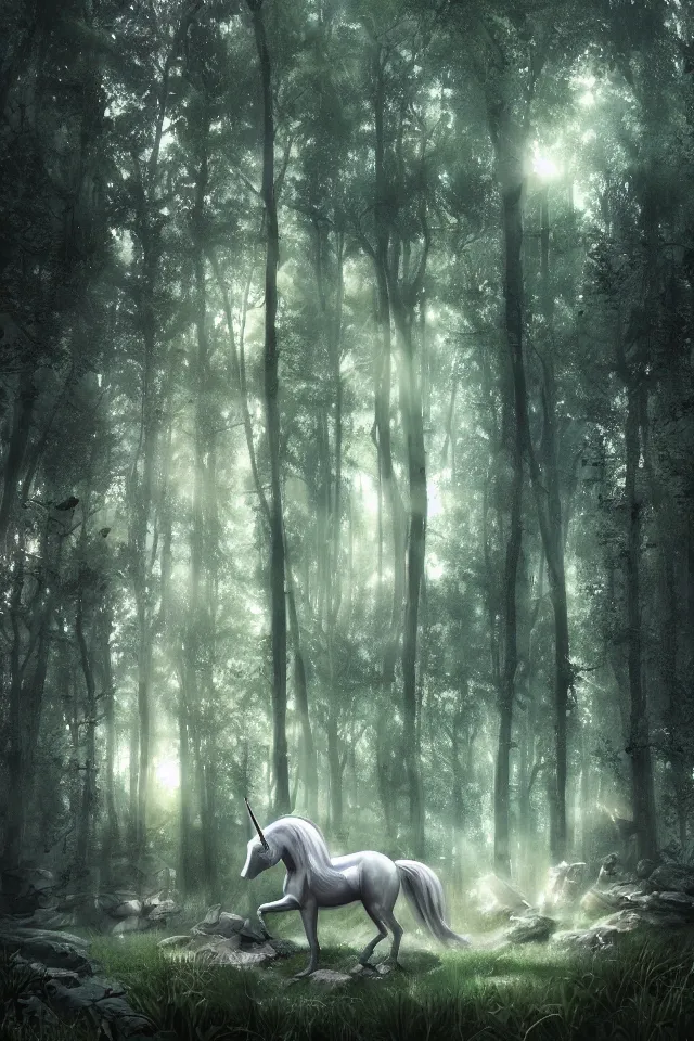 Prompt: there is a silver unicorn in the forest, unicorns around the shimmering light, fireflies flying in the forest, the dreamy crystal atmosphere ， super wide angle ， matte painting ， rtx on ， trending on cgsociety and artstation, volumetric light ， surreal