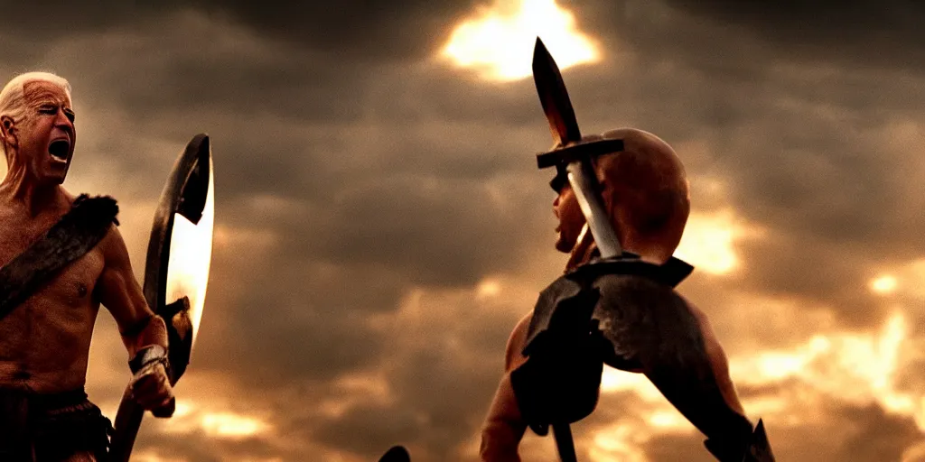 Image similar to cinematic film still of joe biden as leonidas shouting in 3 0 0 movie, 8 k, epic moody sky, dramatic lighting