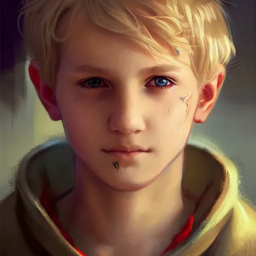 Prompt: portrait of a young boy wearing fantasy thief clothing in the slums of a fantasy city, blonde hair, d & d, fantasy, joyful smirk, intricate, elegant, highly detailed, digital painting, artstation, concept art, matte, sharp focus, illustration, art by artgerm and greg rutkowski and alphonse mucha