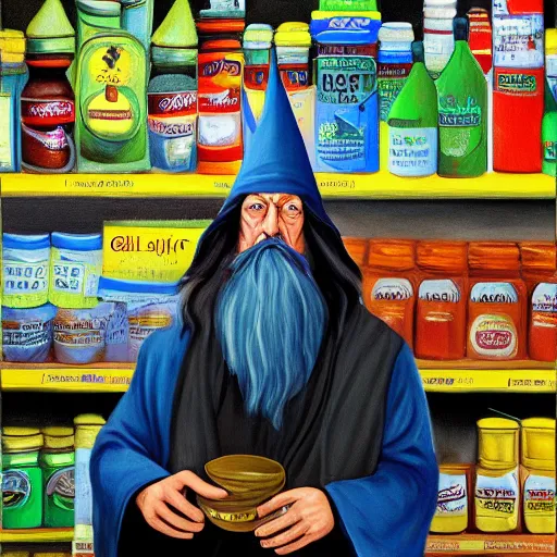 Prompt: oil painting of Gandalf wearing wizard hat, stacking supermarket shelves, depressing, sadW 704