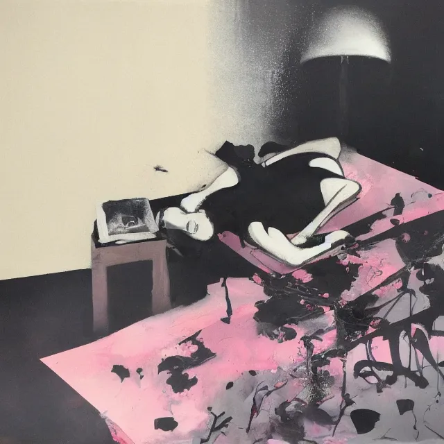 Image similar to empty room with black walls, sensual portrait of a woman sleeping, japanese vase, old flowers, puddle of water, octopus, squashed berries, neo - expressionism, surrealism, acrylic and spray paint and oilstick on canvas