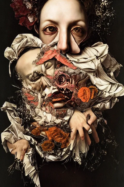 Image similar to Detailed maximalist portrait with large lips and with large, wide eyes, sad expression, extra hands, HD mixed media, 3D collage, highly detailed and intricate, surreal, illustration in the style of Caravaggio, dark art, baroque