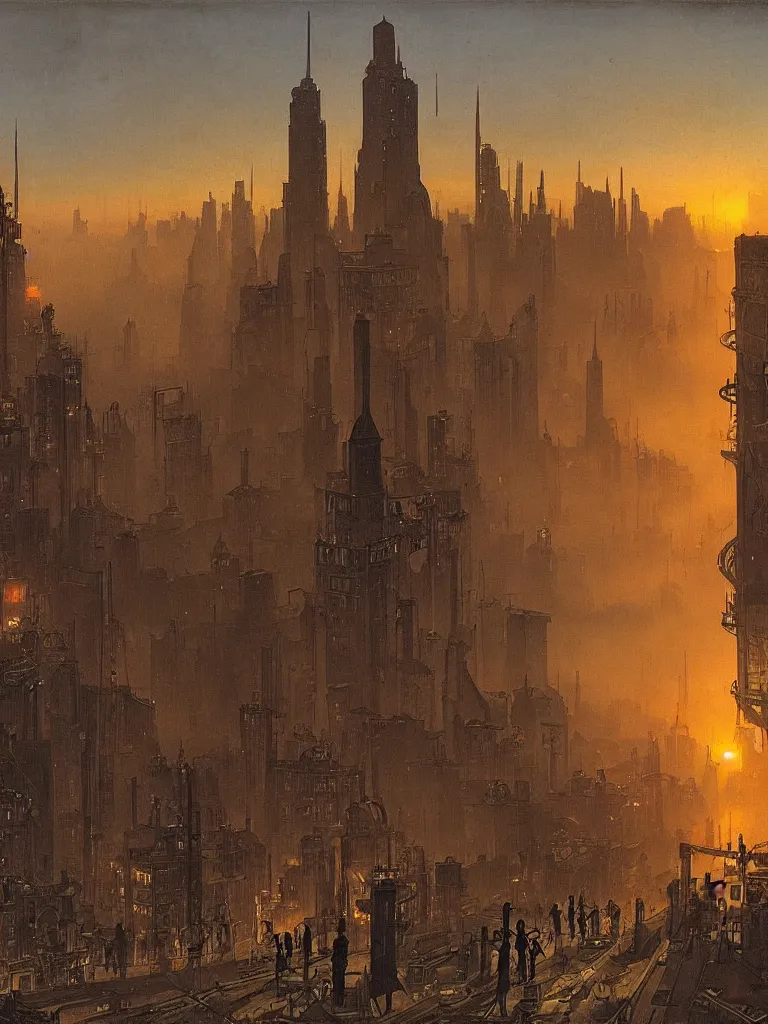 Image similar to a large dieselpunk and steampunk cityscape at dusk in russion during the 1 9 1 0 revolution, caspar friedrich