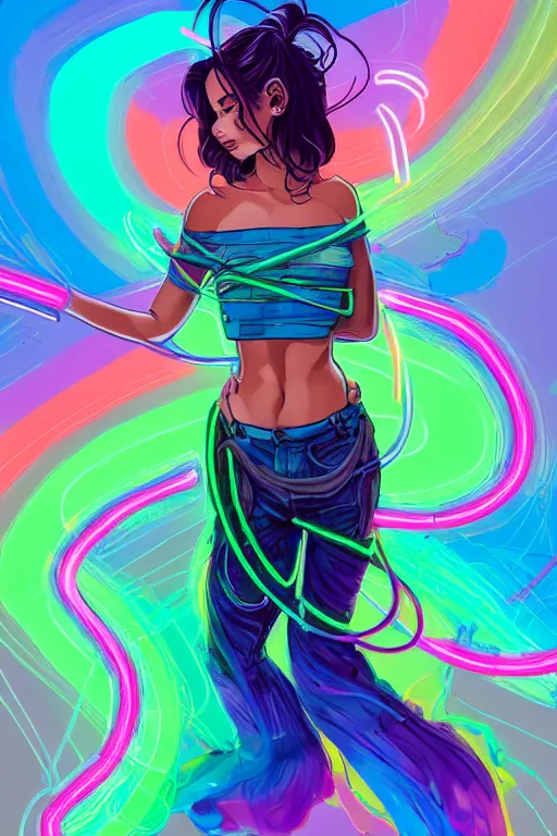 Image similar to a award winning full body portrait of a beautiful woman with stunning eyes in a one off shoulder croptop and cargo pants with rainbow colored hair, outlined by whirling illuminated neon lines and fine lines swirling in circles by jesper ejsing and rhads and makoto and shinkai and lois van baarle, digital art, trending on artstation