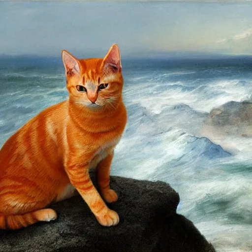 Image similar to orange tabby cat sitting on a rock overlooking the ocean, realistic lighting, highly detailed, rule of thirds, by charles angrand, peder balke