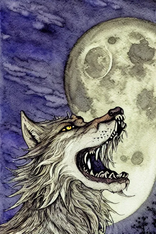 Prompt: one detailed werewolf howling at the moon, art by luis royo and walter crane and kay nielsen, watercolor illustration, ultra sharp focus, wot