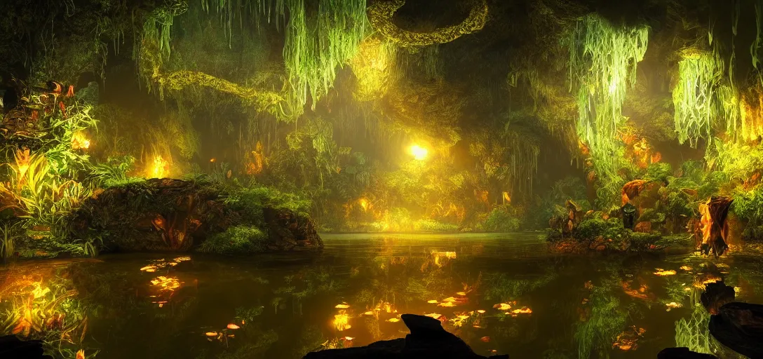 Prompt: beautiful view of inside a nightime magical jungle cave, glowing pond with accurate caustics, magical sparkling colored dust, unreal engine, dramatic lighting, ultra detailed, sharp, ambient occlusion, bloom, fireflies, glowing firebugs, global illumination, light rays, raytracing, vibrant, vivid colors, 3 d artstation render, by noah bradley and jordan grimmer