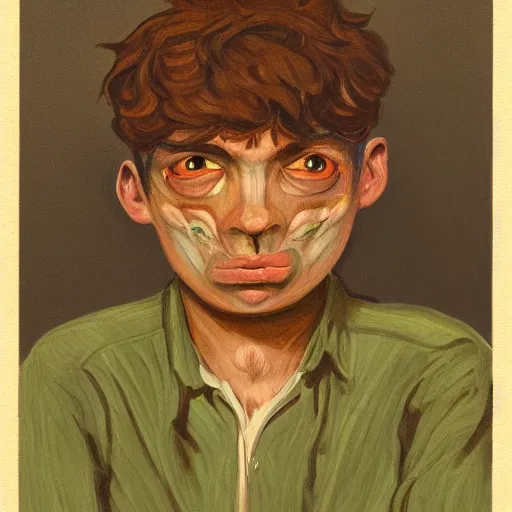 Prompt: portrait of a disillusioned young man, drained of energy by the artistic struggle, by louis wain and johanna martine, trending on artstation