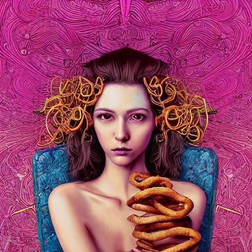 Prompt: the portrait of an incredibly beautiful woman partially made of onion rings, an ultrafine detailed illustration by james jean, final fantasy, intricate linework, bright colors, behance contest winner, vanitas, angular, altermodern, unreal engine 5 highly rendered, global illumination, radiant light, detailed and intricate environment